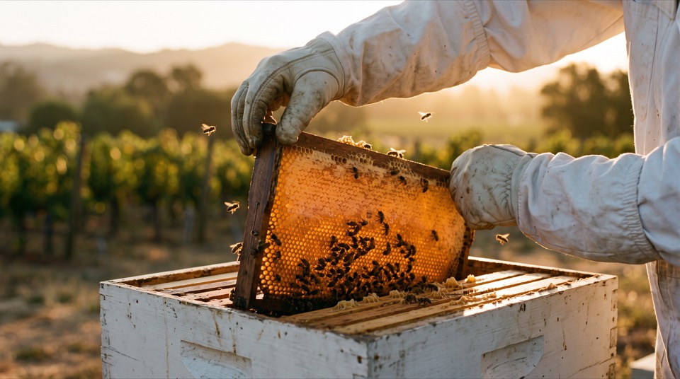 Gloved hands lifting a frame of capped honeycomb from a hive