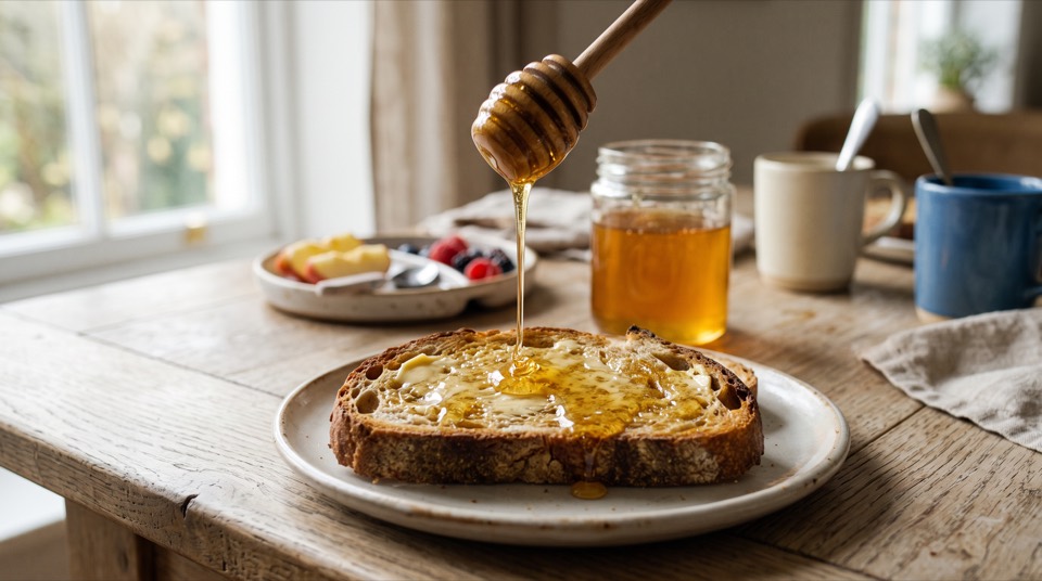 Honey drizzled over buttered toast at a breakfast table