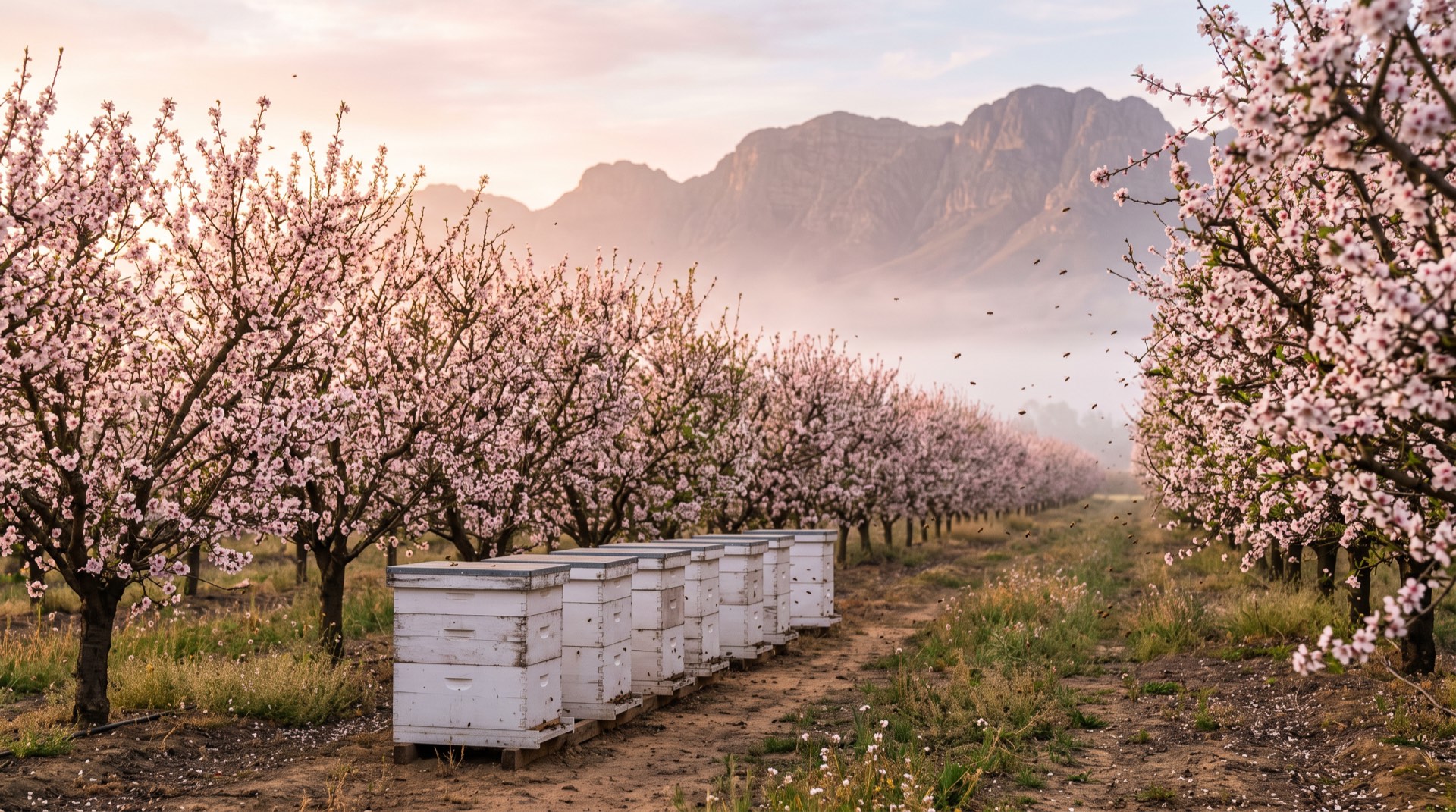 White beehives between rows of almond trees in blossom at sunrise